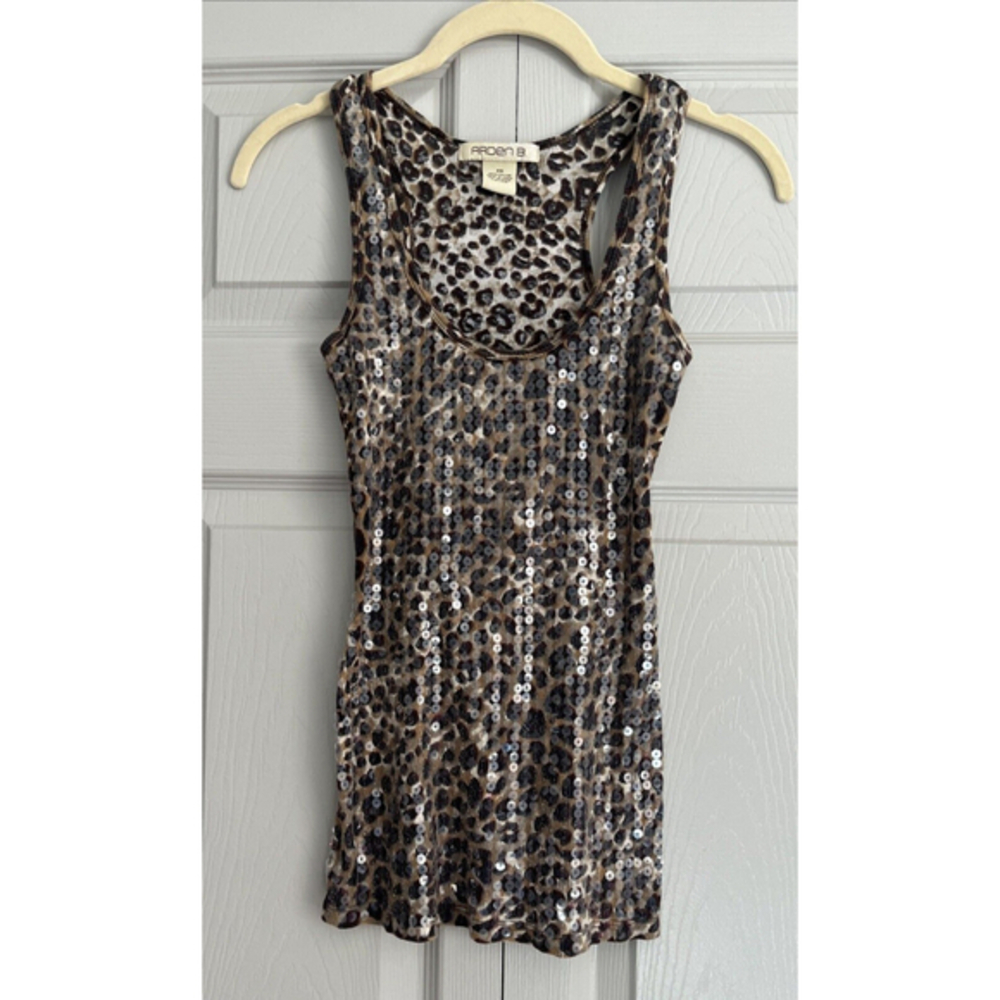Arden B Women's Brown Cheetah Animal Print Sequin Stretch‎ Tank Top Snooki Sz XS